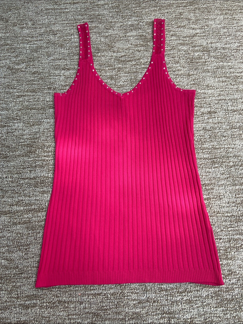 Gorgeous Collection Women's Rib Knit V-Neck Tank Top - Hot Pink with Rhinestones